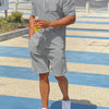 Men's Plus Size Button Up Shirt and Shorts Set - Light Gray