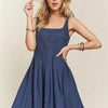 ADORA Smocked Back Square Neck Denim Dress - DENIM BLUE