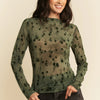 Davi & Dani Floral Mesh Long Sleeve Sheer Layering Top - ARMY OLIVE