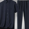 Men's Plus Size Button Up Short Sleeve Shirt and Pants Set - Navy
