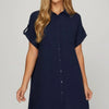 She + Sky Full Size Button Down Short Sleeve Woven Shirt Dress Plus Size - Dark Navy