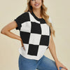 Double Take Full Size Checkered Round Neck Short Sleeve Sweater - Black