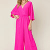 Double Take Full Size Surplice Wide Leg Jumpsuit with Pockets - Hot Pink