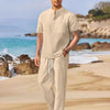 Men's Full Size Half Button Top and Drawstring Pants Set Plus Size - Beige