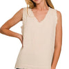Zenana Double Gauze Raw Edge V-Neck Tank - SAND BEIGE