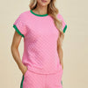 Double Take Full Size Texture Contrast T-Shirt and Shorts Set - Pink