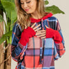 BiBi Plaid Mirr Brushed Rib Contrast Thumb Open Hoodie - RED/BLUE