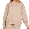 Zenana Fleece Long Sleeve Sweatshirts & Shorts Set - ASH MOCHA