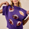 BiBi Gameday Sequin Football Patches Rib Banded Sweater - PURPLE