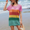 Openwork Round Neck Short Sleeve Cover-UP - Rainbow