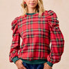 Christmas Plaid Exaggerated Shoulder Sleeves Top - RED PLAID