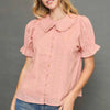 Peter Pan Collared Button Down Textured Shirt with Ruffled Detail - BLUSH