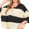 Zenana Split Neck Stripe Sweater - BLACK
