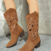 Western Cutout Pattern Block Heel Boots - Brown