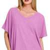 Zenana Ribbed V-Neck Short-Sleeve Knit Top - BRIGHT MAUVE