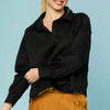 Umgee Collared Neck Long Sleeve Top with Raw Hem Detail - Black