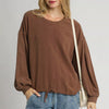 Umgee Linen Long Sleeve Top with Drawstring - MOCHA