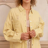 POL Button Down Raw Hem Distressed Shacket - Lemonade