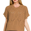 Zenana Cable Knit Short Sleeve Sweater - DEEP CAMEL
