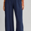 Umgee Full Size Linen Blend Elastic Waistband Wide Leg Pants Plus Size - Dark Blue