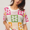 BiBi Flower Checker Pattern Lightweight Sweater Top - IVRY/FUCH/OLIVE/MUST