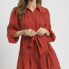 Umgee Crinkle Button-Front Tiered Mini Dress with Waist Tie - RUST