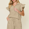Double Take Full Size Texture Flounce Sleeve Top and Drawstring Shorts Set - Mocha