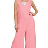 Zenana French Terry Deep V Neck Jumpsuits - DK PINK