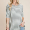 BOMBOM Striped Round Neck T-Shirt - Sage