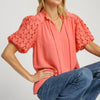 Umgee Full Size Heart Lace Sleeve Ruffle Collar Top Plus Size - Burnt Coral
