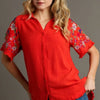 Umgee Full Size Linen Shirt with Embroidered Sleeves Plus Size - Red