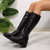 Round Toe Block Heels Boots - Black