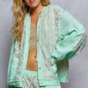 POL Exposed Seam Button Down Hooded Jacket with Lace Detail - PALE MINT