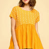Lime 'N' Chili Embroidered Short Sleeve Pleated Babydoll Top - ORANGE