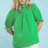 Umgee Textured Puff Sleeve Top with Scalloped Trim - GREEN
