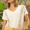 POL Inset Lace Outseam Detail Short Sleeve V-Neck T-Shirt - Ivory