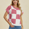 Double Take Full Size Checkered Round Neck Short Sleeve Sweater - Dusty Pink