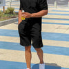 Men's Plus Size Button Up Shirt and Shorts Set - Black