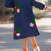 Children's Cherry Appliqued Long Sleeve Dress - Dark Navy