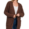 Zenana Long Sleeve Popcorn Sweater Cardigan with Pockets - BROWN