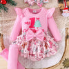 Children's Christmas Ruffled Long Sleeve Top and Skirt Set with Headband - Pink
