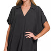 Zenana Woven Airflow Collared Short Sleeve Top - BLACK