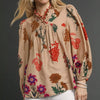 Umgee Flower Print Blouse with Scalloped Neckline - TAN MIX