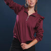 Umgee Luxeknit Ruffle Shoulder Quarter-Zip Sweatshirt - BURGUNDY