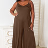 Double Take Full Size Soft Rayon Spaghetti Strap Tied Wide Leg Jumpsuit - Mocha