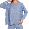 Zenana Soft Melange Long Sleeve Tee and Shorts Set - LT NAVY