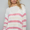 POL Striped Openwork Round Neck Knit Top - IVORY/PINK