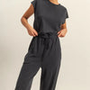 HYFVE Back Keyhole Round Neck Cap Sleeve Drawstring Jumpsuit - Black