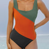 Color Block Padded Square Neck One Piece Swimsuit - Multicolor