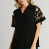Umgee Full Size Linen Shirt with Embroidered Sleeves Plus Size - Black